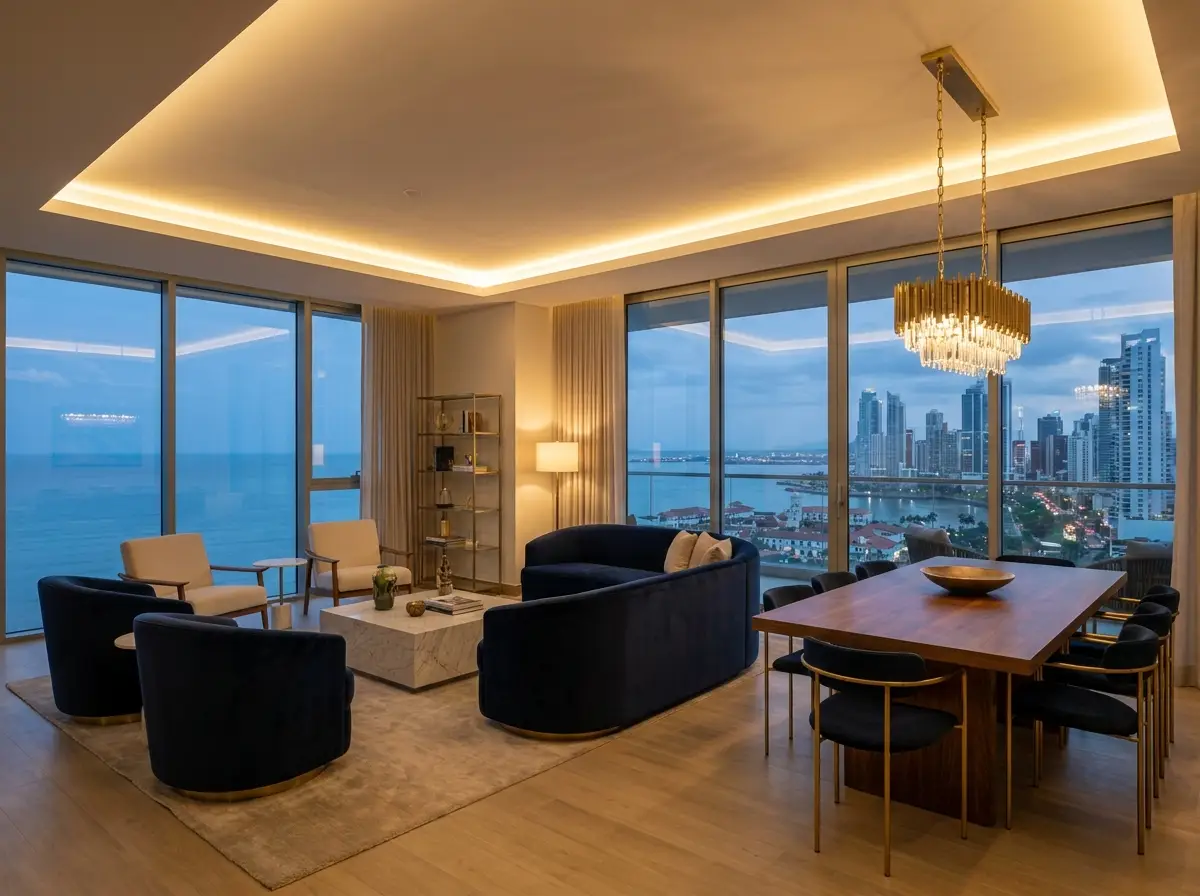 Interior de una residencia de lujo con vista al mar y al skyline