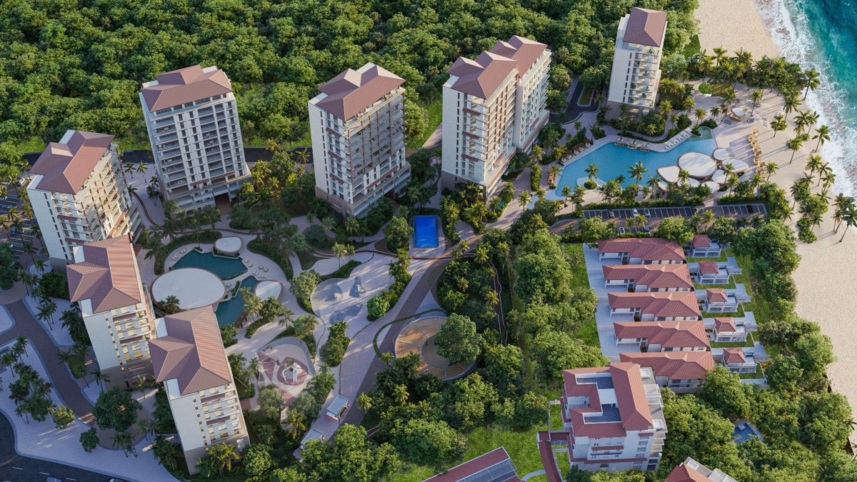 Vista aérea de Alamar en Buenaventura: torres, piscinas y playa